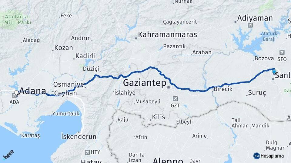 Şanlıurfa Karaköprü Adana Arası Kaç Km - Yol Haritası