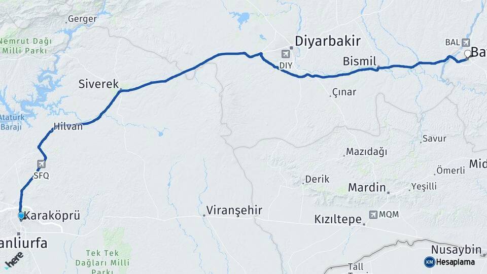 Şanlıurfa Karaköprü Batman Arası Kaç Km - Yol Haritası