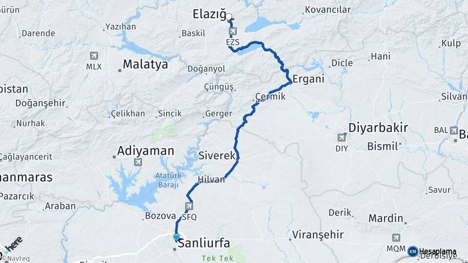 Şanlıurfa Karaköprü Elazığ Arası Kaç Km - Yol Haritası