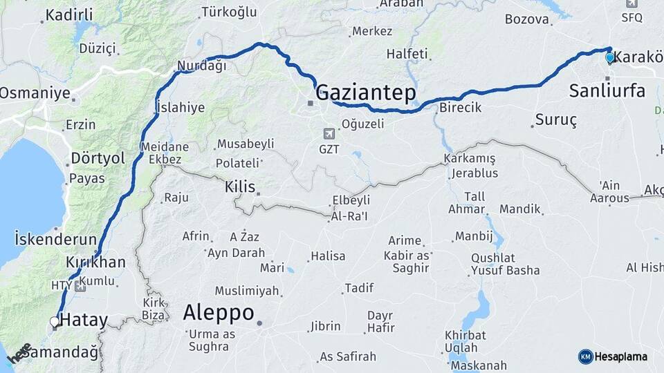 Şanlıurfa Karaköprü Hatay Arası Kaç Km - Yol Haritası