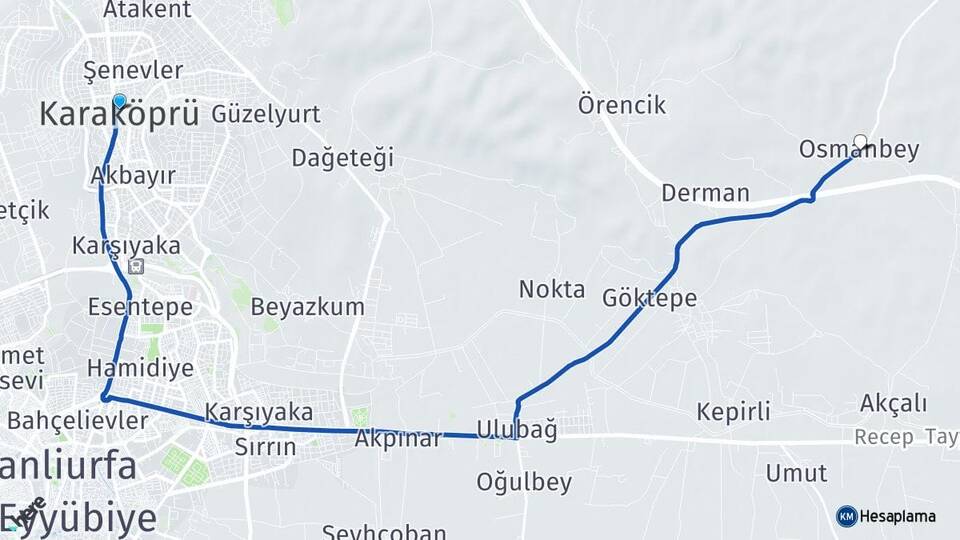 Şanlıurfa Karaköprü Osmanbey Haliliye Arası Kaç Km - Yol Haritası