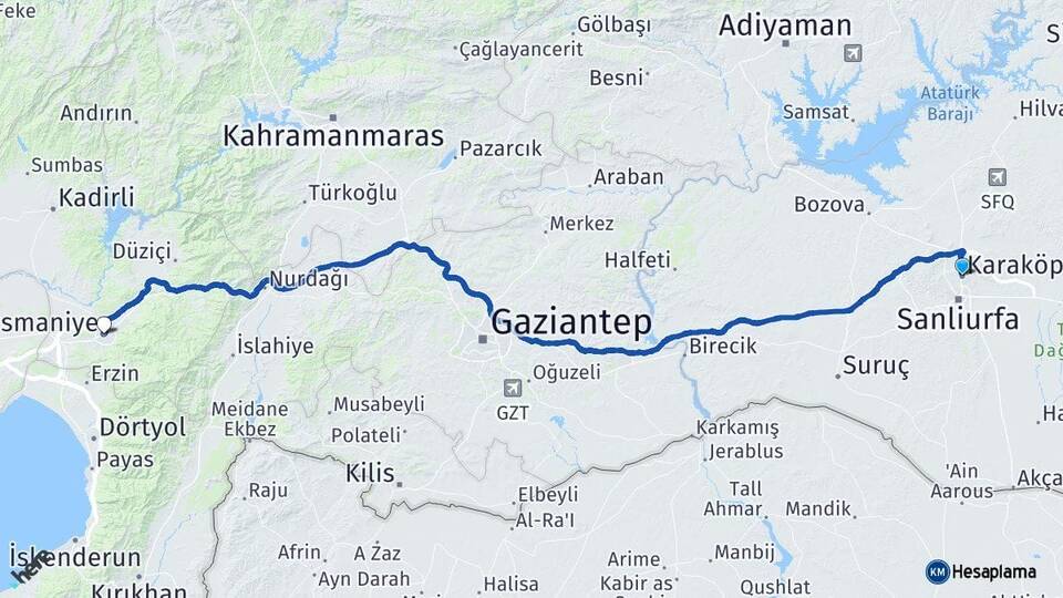 Şanlıurfa Karaköprü Osmaniye Arası Kaç Km - Yol Haritası