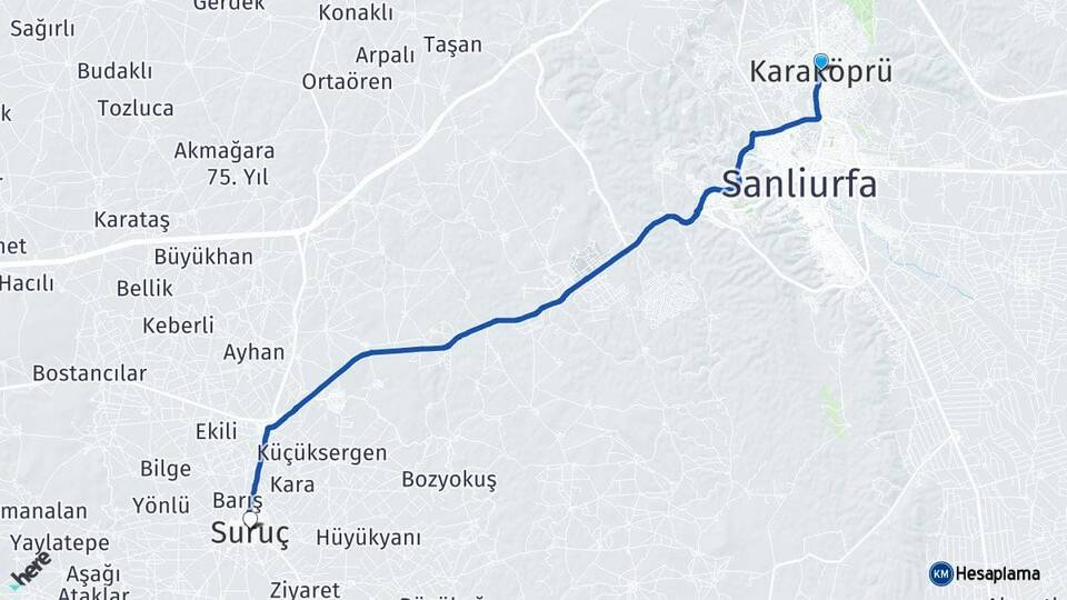 Şanlıurfa Karaköprü Suruç Arası Kaç Km - Yol Haritası