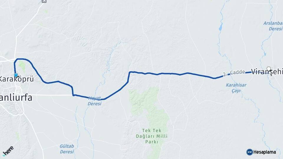 Şanlıurfa Karaköprü Viranşehir Arası Kaç Km - Yol Haritası