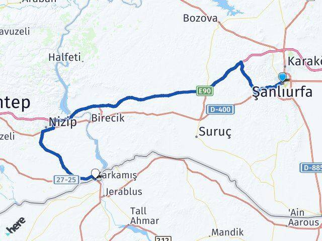 Şanlıurfa Karkamış Gaziantep Arası Kaç Km - Yol Haritası