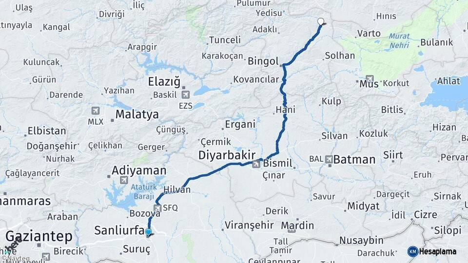 Şanlıurfa Karlıova Bingöl Arası Kaç Km - Yol Haritası