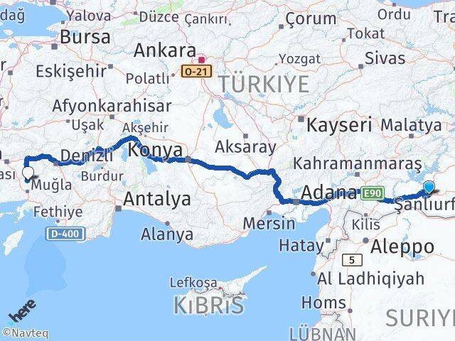 Şanlıurfa Kavaklıdere Muğla Arası Kaç Km - Yol Haritası