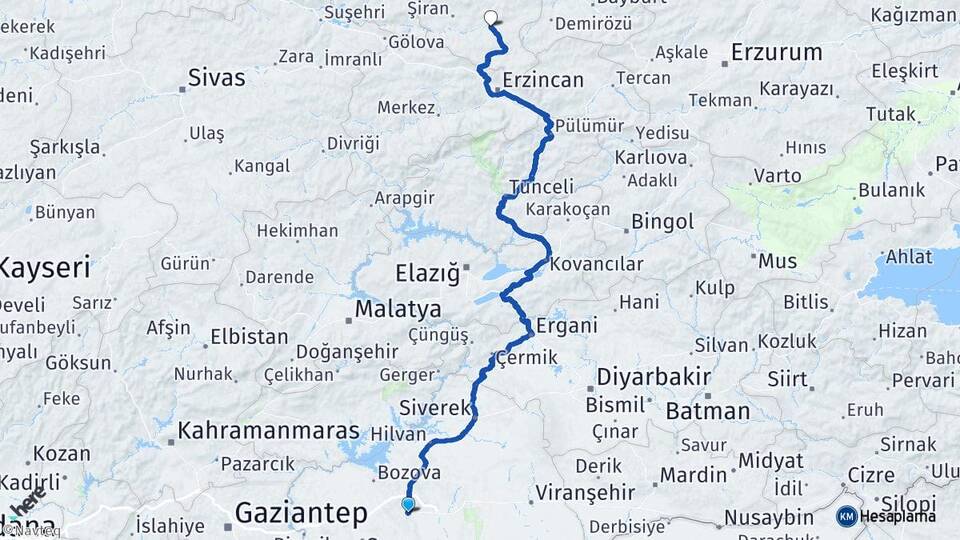 Şanlıurfa Kelkit Gümüşhane Arası Kaç Km - Yol Haritası