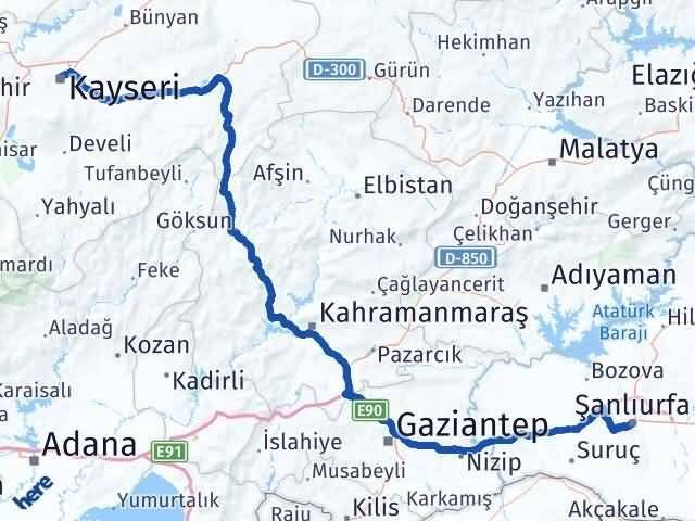 Şanlıurfa Kocasinan Kayseri Arası Kaç Km - Yol Haritası