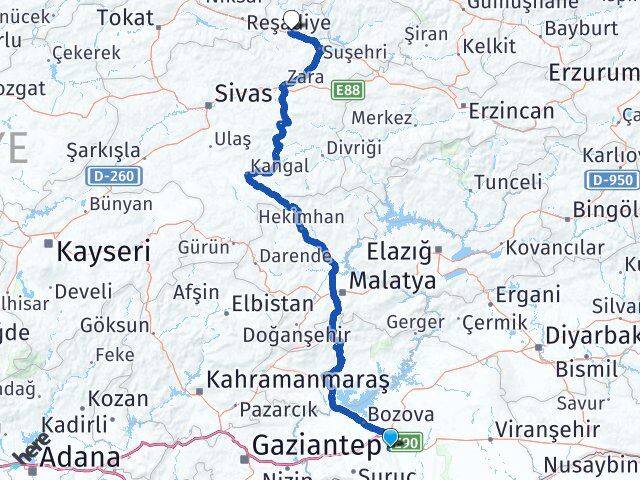 Şanlıurfa Koyulhisar Sivas Arası Kaç Km - Yol Haritası
