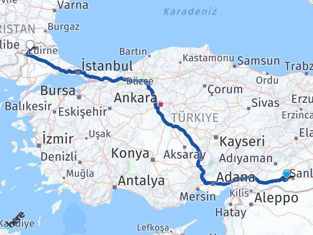Şanlıurfa Lalapaşa Edirne Arası Kaç Km - Yol Haritası
