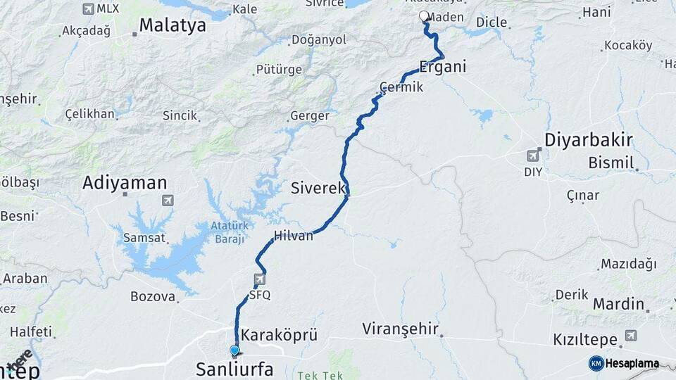 Şanlıurfa Maden Elazığ Arası Kaç Km - Yol Haritası