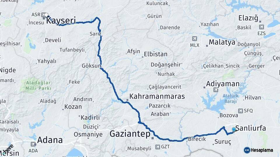 Şanlıurfa Melikgazi Kayseri Arası Kaç Km - Yol Haritası