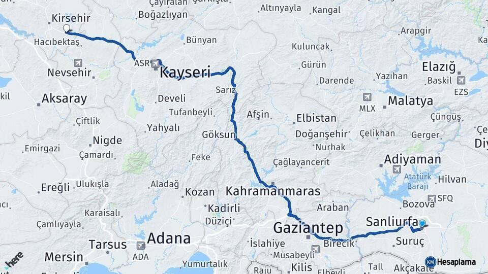 Şanlıurfa Mucur Kırşehir Arası Kaç Km - Yol Haritası