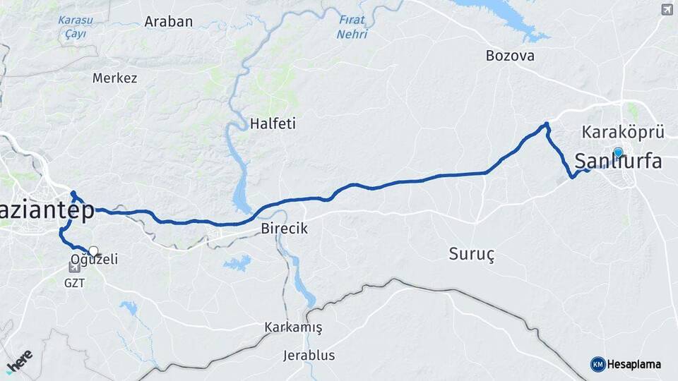 Şanlıurfa Oğuzeli Gaziantep Arası Kaç Km - Yol Haritası