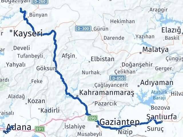Şanlıurfa Özvatan Kayseri Arası Kaç Km - Yol Haritası