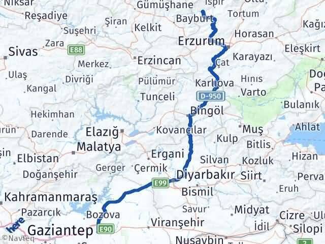 Şanlıurfa Pazaryolu Erzurum Arası Kaç Km - Yol Haritası