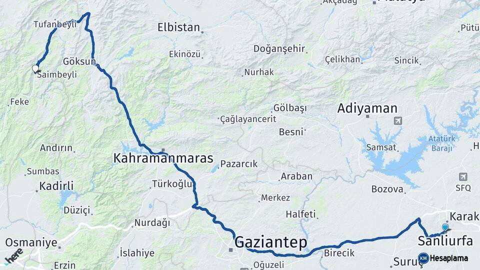 Şanlıurfa Saimbeyli Adana Arası Kaç Km - Yol Haritası