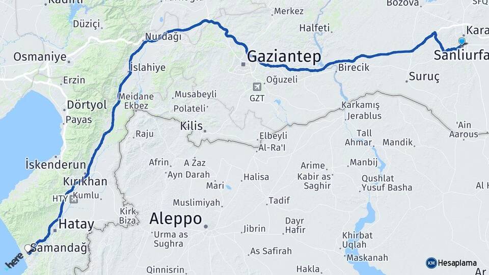 Şanlıurfa Samandağ Hatay Arası Kaç Km - Yol Haritası