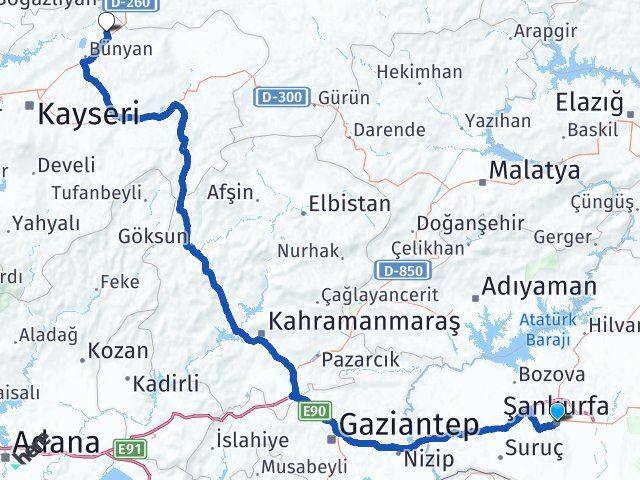 Şanlıurfa Sarıoğlan Kayseri Arası Kaç Km - Yol Haritası