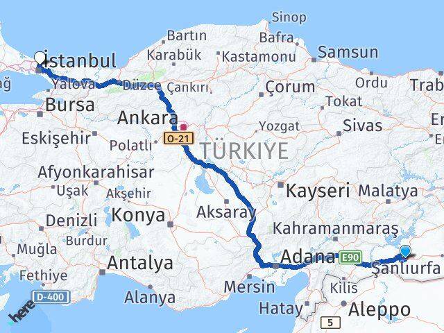 Şanlıurfa Sarıyer İstanbul Arası Kaç Km - Yol Haritası