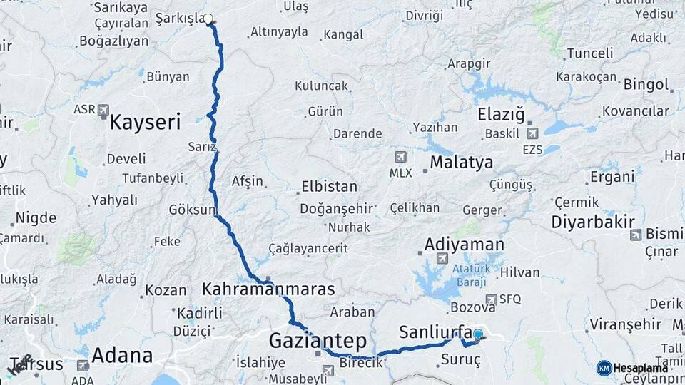 Şanlıurfa Şarkışla Sivas Arası Kaç Km - Yol Haritası