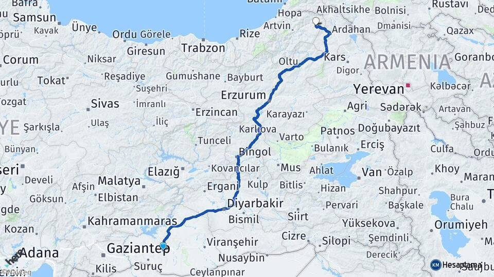 Şanlıurfa Şavşat Artvin Arası Kaç Km - Yol Haritası
