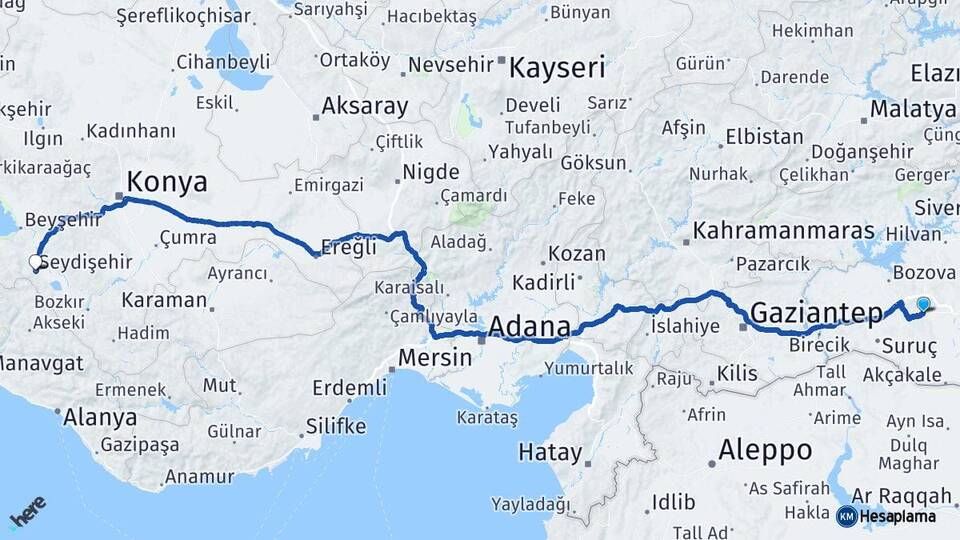 Şanlıurfa Seydişehir Konya Arası Kaç Km - Yol Haritası