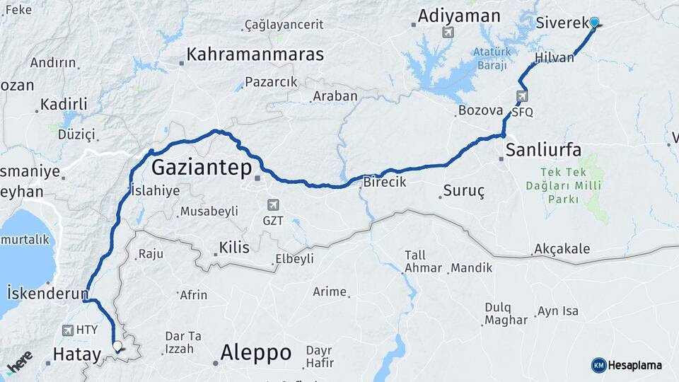Şanlıurfa Siverek Reyhanlı Hatay Arası Kaç Km - Yol Haritası
