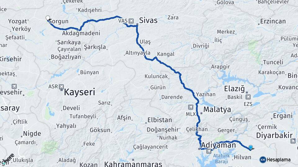 Şanlıurfa Siverek Sorgun Yozgat Arası Kaç Km - Yol Haritası