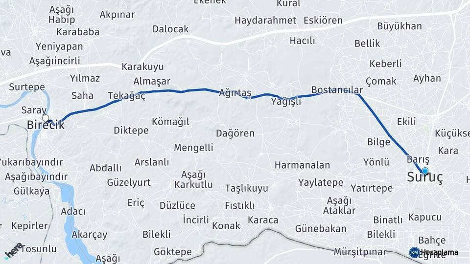 Şanlıurfa Suruç Birecik Arası Kaç Km - Yol Haritası