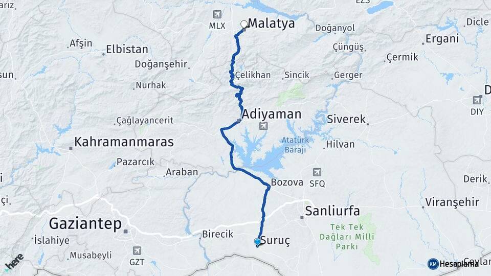 Şanlıurfa Suruç Malatya Arası Kaç Km - Yol Haritası