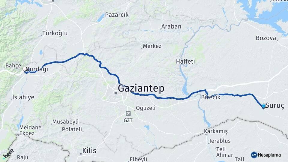 Şanlıurfa Suruç Nurdağı Gaziantep Arası Kaç Km - Yol Haritası