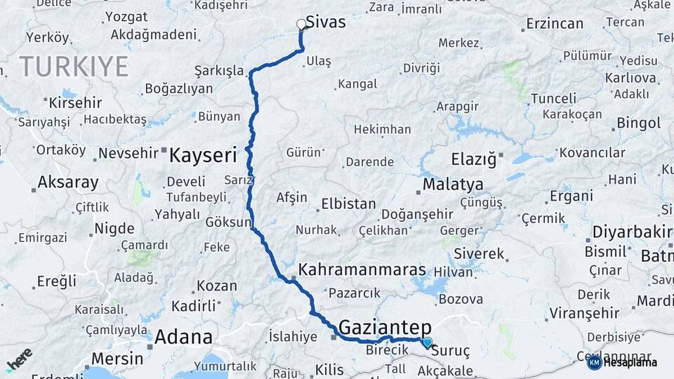 Şanlıurfa Suruç Sivas Arası Kaç Km - Yol Haritası