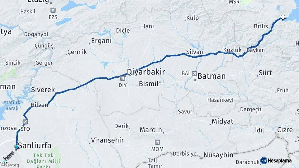 Şanlıurfa Tatvan Bitlis Arası Kaç Km - Yol Haritası