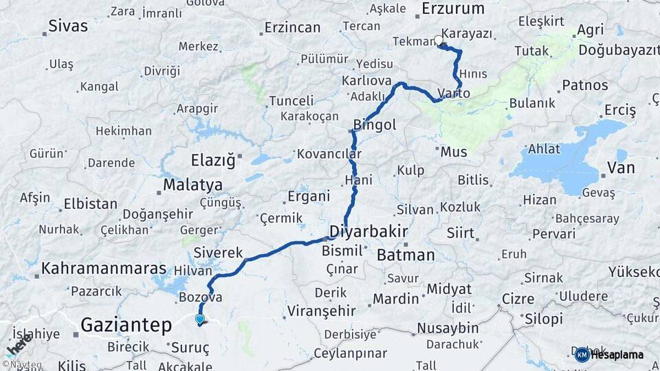 Şanlıurfa Tekman Erzurum Arası Kaç Km - Yol Haritası