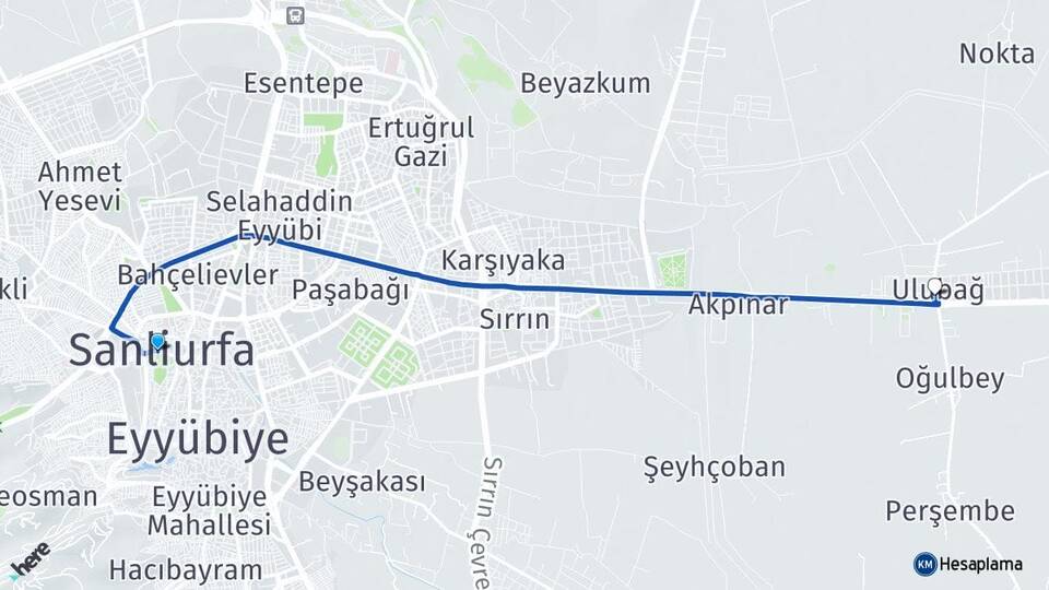 Şanlıurfa Ulubağ Haliliye Arası Kaç Km - Yol Haritası