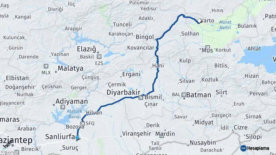 Şanlıurfa Varto Muş Arası Kaç Km - Yol Haritası
