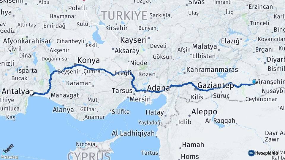Şanlıurfa Viranşehir Antalya Arası Kaç Km - Yol Haritası