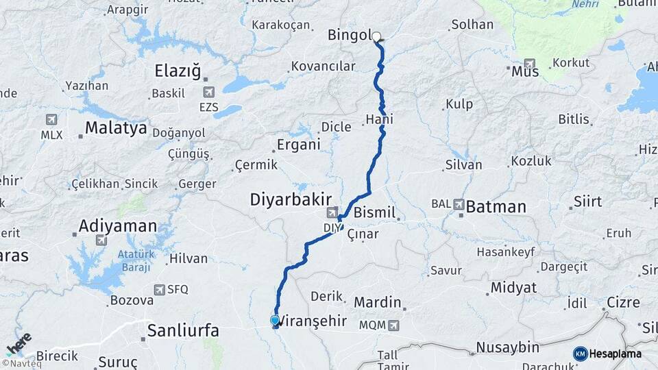 Şanlıurfa Viranşehir Bingöl Arası Kaç Km - Yol Haritası