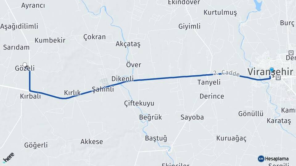 Şanlıurfa Viranşehir Gözeli Viranşehir Arası Kaç Km - Yol Haritası