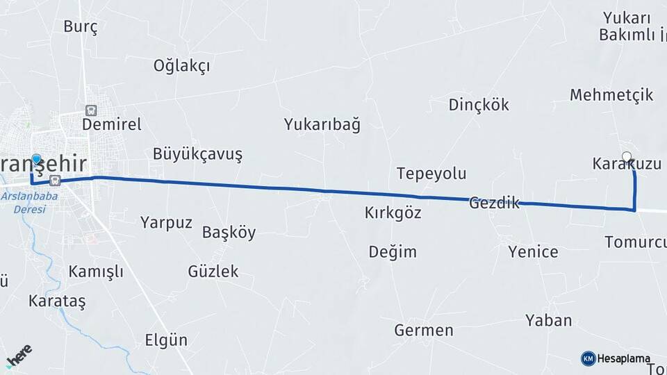 Şanlıurfa Viranşehir Karakuzu Viranşehir Arası Kaç Km - Yol Haritası