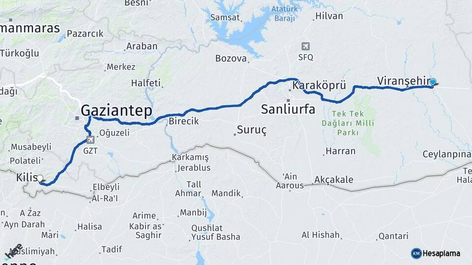 Şanlıurfa Viranşehir Kilis Arası Kaç Km - Yol Haritası