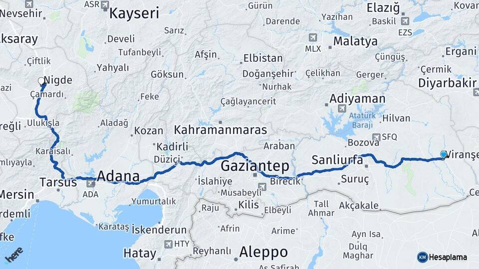 Şanlıurfa Viranşehir Niğde Arası Kaç Km - Yol Haritası