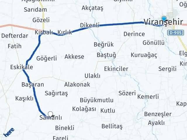 Şanlıurfa Viranşehir Samanlı Viranşehir Arası Kaç Km - Yol Haritası