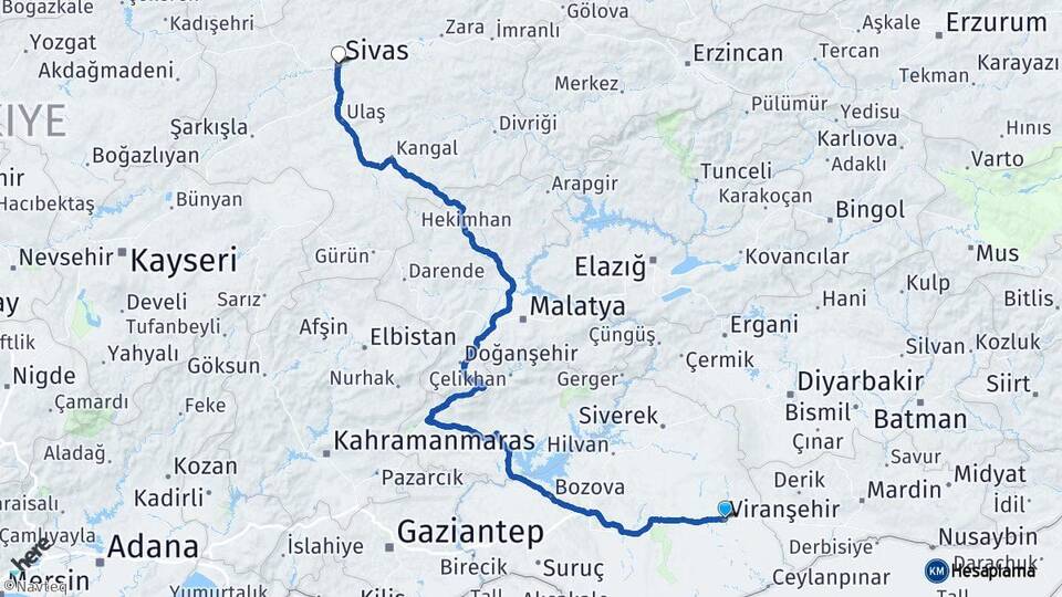 Şanlıurfa Viranşehir Sivas Arası Kaç Km - Yol Haritası