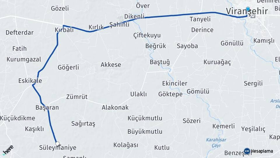 Şanlıurfa Viranşehir Süleymaniye Viranşehir Arası Kaç Km - Yol Haritası