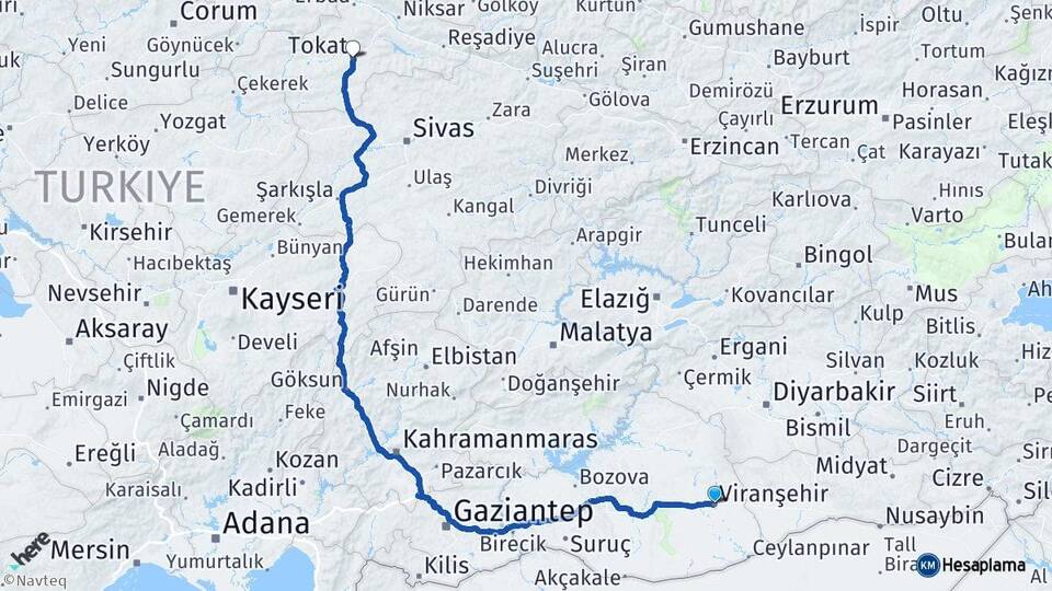 Şanlıurfa Viranşehir Tokat Arası Kaç Km - Yol Haritası