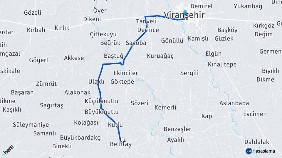 Şanlıurfa Viranşehir Yazgüneşi Viranşehir Arası Kaç Km - Yol Haritası