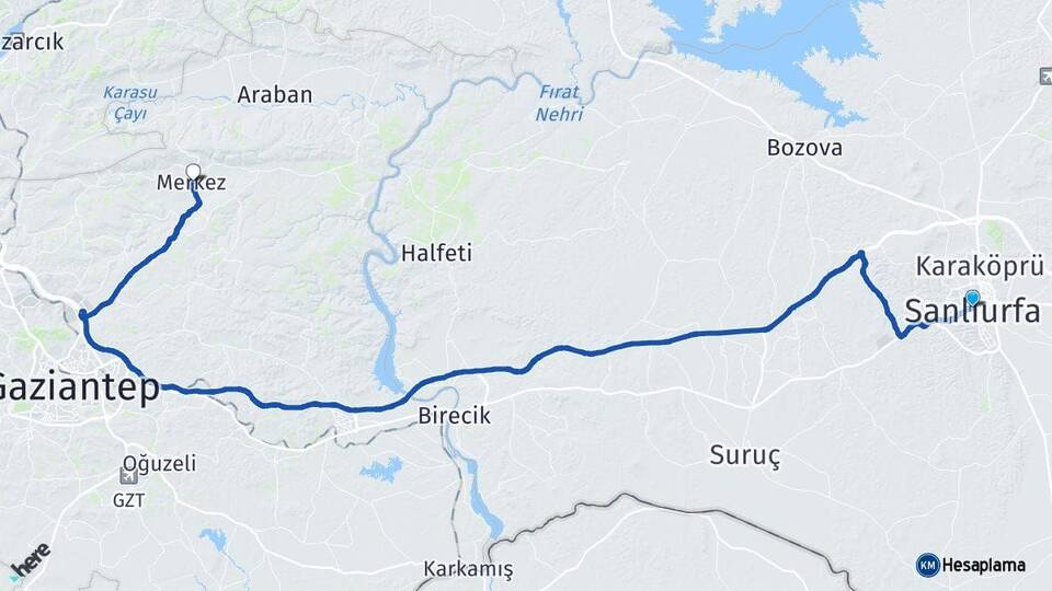 Şanlıurfa Yavuzeli Gaziantep Arası Kaç Km - Yol Haritası